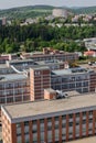 Traditional Zlin red brick buildings exterior, former shoe factory, Moravia, Czech Republic, sunny summer day