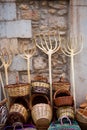 Traditionals baskets and cereal wooden forks in Maestrazgo