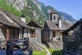 The tradtional stone houses with church tower in the beautiful village of Foroglio,