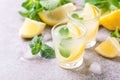 Italian lemon lime liqueur limoncello with ice and mint