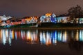 Traetskae Pradmestse or Trinity Suburb on Svisloch river bank at night. Minsk. Belarus