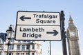 Trafalgar Square and Lambeth Birdge Street Sign, London Royalty Free Stock Photo