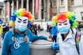 TRAFALGAR SQUARE, LONDON/ENGLAND- 29 August 2020: Protesters wearing masks and colourful wigs at the Unite for Freedom rally