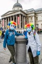 TRAFALGAR SQUARE, LONDON/ENGLAND- 29 August 2020: Protesters wearing masks and colourful wigs at the Unite for Freedom rally