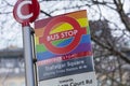 Trafalgar Square, London, UK, February 7th 2019, Special LGBT Pride style rainbow bus stop