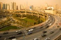 Traffic at the Access / Exit ramp to to Nanpu Bridge and city skyline