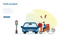 Traffic accident, motorbike crashing with car on street. Car accident and safety drive awareness concept