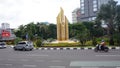 traffic on the Bambu runcing or sharp bamboo monument. iconic history of independence using traditional weapons from bamboo