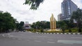 traffic on the Bambu runcing or sharp bamboo monument. iconic history of independence using traditional weapons from bamboo