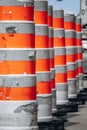 Traffic barrels placed along the road at a construction area in Montreal Royalty Free Stock Photo