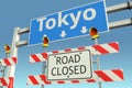Traffic barricades near Tokyo city traffic sign. Lockdown in Japan conceptual 3D rendering