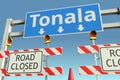 Traffic barricades near Tonala city traffic sign. Lockdown in Mexico conceptual 3D rendering
