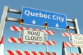 Traffic barricades near Quebec City traffic sign. Lockdown in Canada conceptual 3D rendering