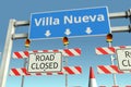 Traffic barricades near Villa Nueva city traffic sign. Lockdown in Guatemala conceptual 3D rendering