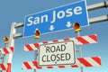 Traffic barricades at San Jose city traffic sign. Coronavirus disease quarantine or lockdown in the United States