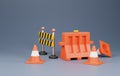 Traffic barrier, safety cone with roadblocks tools. 3D rende