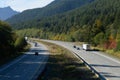 Traffic in both directions of Interstate 90 in the Washington Cascades in Fall