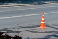 Traffic bright cones orange row asphalt road safety danger driving, for dividing highway from city for text activity Royalty Free Stock Photo