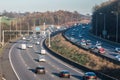 Traffic on the British motorway M25 in a sunset time. Royalty Free Stock Photo