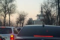 Traffic. cars caught in the crowd. photo taken in the evening. people in traffic returning from work.