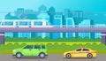 Traffic, cars, ground metro, urban scape. Green spaces, cityscape. Flat vector cartoon image