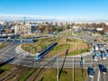 Traffic circle with tramways, trams and cars in Krakow, Poland. Aerial view Royalty Free Stock Photo