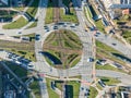 Traffic circle with tramways, trams and cars in Krakow, Poland. Aerial view Royalty Free Stock Photo