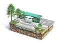 City bus stop on the piece of ground. See road structure. 3d illustration