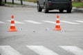 Road traffic cone on acident site Royalty Free Stock Photo