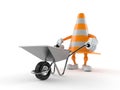 Traffic cone character carrying wheelbarrow