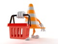 Traffic cone character holding shopping basket