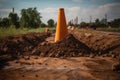 traffic cone with large hole, next to pile of freshly dug earth Royalty Free Stock Photo