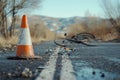 Traffic cone marking bicycle accident scene on mountain road Royalty Free Stock Photo