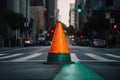 traffic cone in the middle of crosswalk, with signal lights turning red and green