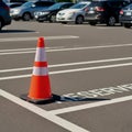 A traffic cone is placed in one of the empty parking spaces, designated for a specific vehicle. Royalty Free Stock Photo