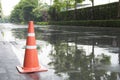 A traffic cone on the road in rain time and reflection