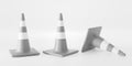 Traffic cones angle view and lying down. Realistic 3d set warning sings, mockup grey striped construction fences, repair