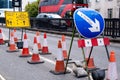 Traffic Cones And Diversion Signs To Control Traffic During Road Repair Works On Waterloo Bridge