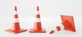 Traffic cones front, angle view and lying down. Realistic set orange warning sings, construction fences, repair hurdles