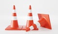 Traffic cones front view and lying down. Mockup orange striped warning sings, repair barriers, roadblocks, construction