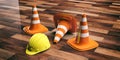 Traffic cones and hard hat on wooden background. 3d illustration Royalty Free Stock Photo