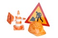 Traffic cones, hardhat and road sign. Under construction concept Royalty Free Stock Photo