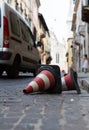 Traffic cones lying on the street