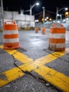 Traffic cones on a marked street at night. Royalty Free Stock Photo