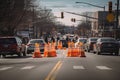 traffic cones in the middle of a busy intersection, with cars and people rushing past