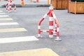 Traffic cones in the middle of the street. traffic safety and roadwork signs