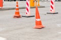 Traffic cones in the middle of the street. traffic safety and roadwork signs