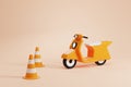 Traffic cones and motorbike on beige background, driving school Royalty Free Stock Photo