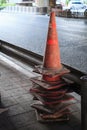 Traffic cones pylons, witches` hats, road cones, highway cone, safety cones, channelizing devices, construction cones are used Royalty Free Stock Photo