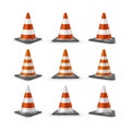 Traffic cones set. Red realistic road plastic cones with white striped. Vector illustration Royalty Free Stock Photo